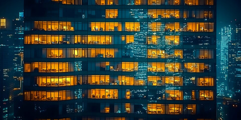 Night Cityscape, Illuminated Office Tower Windows Gleam Brilliantly Against Dark City Background