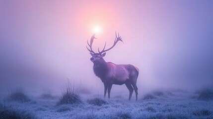 Fototapeta premium Hirsch in dichter Nebellandschaft bei Sonnenaufgang