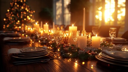 A beautifully set dining table adorned with candles and festive decorations, illuminated by sunset.