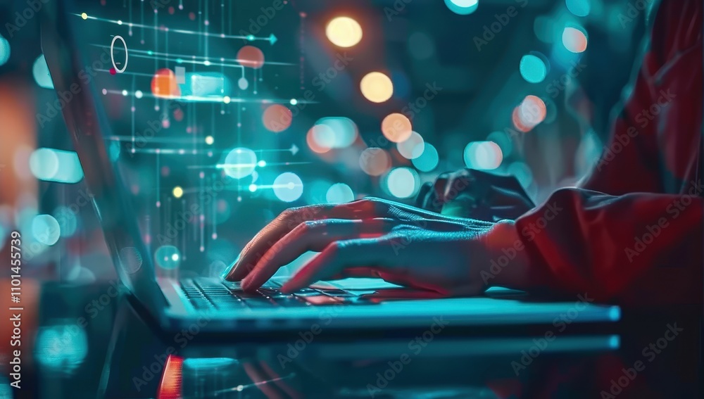 Poster Hands Typing on Laptop with Digital Interface Overlay
