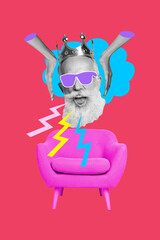 Fototapeta premium Vertical photo collage of happy old man head bodyless sing karaoke room armchair interior wear crown prom isolated on painted background