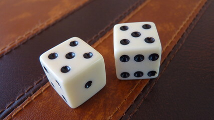 Contrasting Dice on a Wooden Surface: A Black-Dotted White Die and a White-Dotted Brown Die in Sharp Focus, Representing Balance Between Luck and Choice with a Blurred Background Suggesting Simplicity