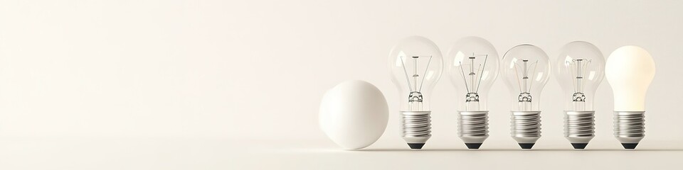 Row of light bulbs with one illuminated, idea concept