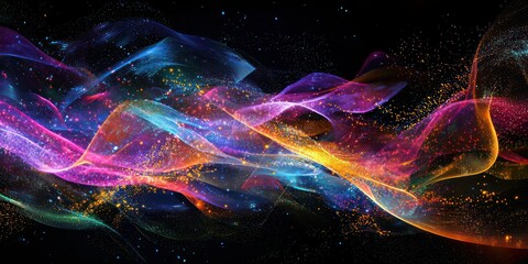 Obraz premium An abstract image symbolizing big data, with flowing lines and clusters of data points in vibrant colors against a dark background.