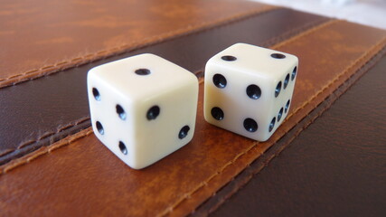 Contrasting Dice on a Wooden Surface: A Black-Dotted White Die and a White-Dotted Brown Die in Sharp Focus, Representing Balance Between Luck and Choice with a Blurred Background Suggesting Simplicity