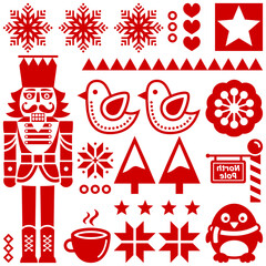 Nutcracker folk art style Christmas Scandinavian pattern with soldiers, birds, flowers and trees. Non AI generated

