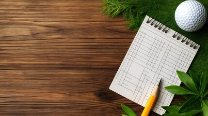 Golf Scorecard on Wooden Table with Pencil and Ball