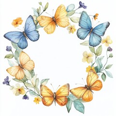Watercolor illustration of a beautiful, elegant wreath of light blue, yellow, and orange butterflies 