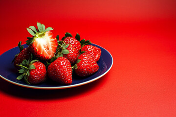 Fresh strawberries on a blue plate against a vibrant red backdrop