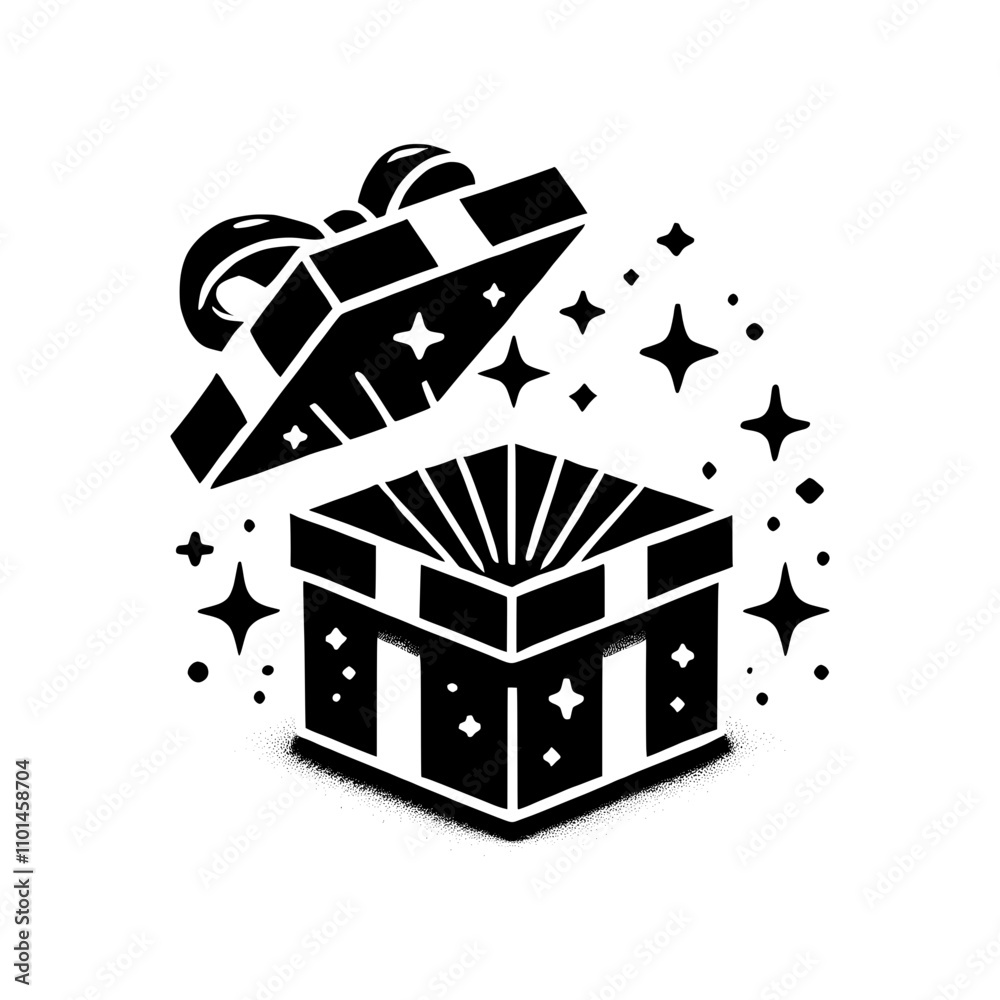 Poster open gift box with sparkling particles coming out of it - isolated vector icon of an open surprise b