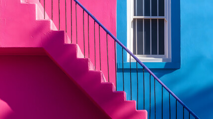 Obraz premium Vibrant pink and blue building exterior with a black metal staircase and railing. The contrast of colors and geometric shapes creates a striking visual. Sunlight casts shadows, adding depth.