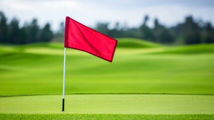 Red Golf Flag on Green Blurred Background