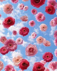 Naklejka premium A Beautiful Display of Colorful Roses and Gerbera Daisies Floating Against a Bright Blue Sky with Fluffy White Clouds in a Dreamy Floral Composition