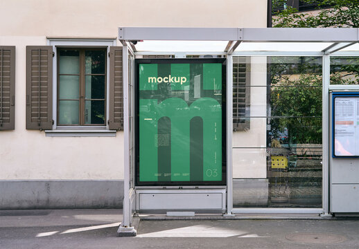 Mockup Of Vertical Customized Poster On Bus Stop