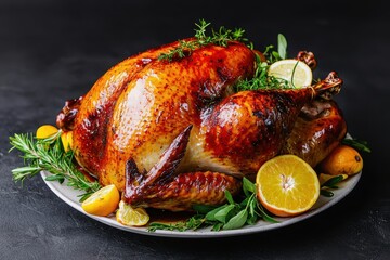 Thanksgiving celebration and memories, A beautifully roasted turkey garnished with herbs and citrus, perfect for festive feasts and holiday celebrations.