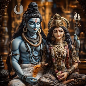 Lord Shiva, Goddess Parvati depicted in detailed illustration. Hindu deities pose in artistic style. Wear elaborate attire, jewelry, including necklaces, bracelets. Shiva blue-skinned, with calm