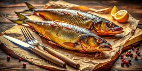 Great Smoked Fish Feast with Knife and Fork on Parchment Paper - Culinary Delight in Macro Photography