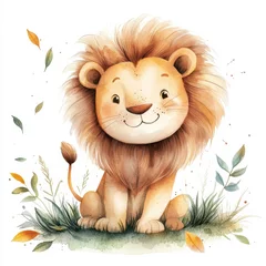 Cute cartoon watercolor lion clipart, on the grass with leaves, in muted pastel colors, © Loolo