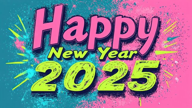 Festive "Happy New Year" and "2025" design with neon pink , electric blue , and lime green . A multicolor, playful theme perfect for New Years parties.