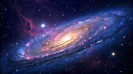 Fototapeta premium A Spiral Galaxy's Radiant Dance Across the Cosmos, This stunning image captures the vast and mesmerizing beauty of a spiral galaxy set against a cosmic backdrop, with vibrant hues of pink, blue