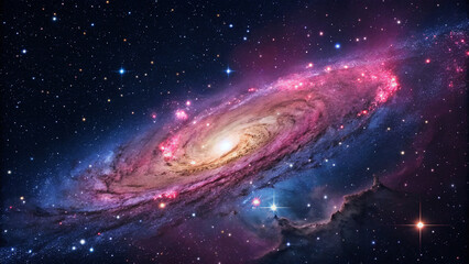 Obraz premium A Spiral Galaxy's Radiant Dance Across the Cosmos, This stunning image captures the vast and mesmerizing beauty of a spiral galaxy set against a cosmic backdrop, with vibrant hues of pink, blue, and v