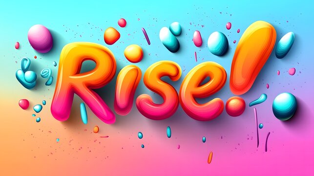 Vector realistic isolated typography of "Rise!" for a gym motivation poster, showcasing vibrant colors and uplifting design elements, with a clean, inspiring backdrop. 

