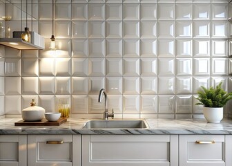 Seamless White Glossy Ceramic Tile Background for Luxurious Interiors - Surreal 3D Rendering of Modern Kitchen and Bathroom Textures