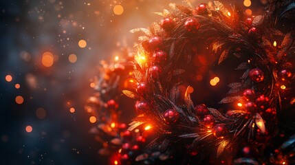 A festive Christmas wreath adorned with red ornaments and glowing lights, evoking holiday spirit.
