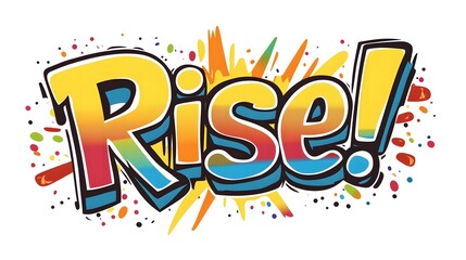 Vector realistic isolated typography of "Rise!" for a gym motivation poster, showcasing vibrant colors and uplifting design elements, with a clean, inspiring backdrop. 

