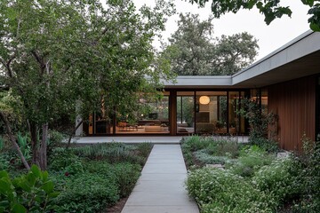 Contemporary residential architecture surrounded by lush greenery and a serene pathway at dusk
