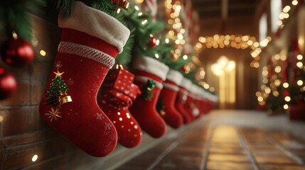 A festive display of red Christmas stockings adorned with decorations, hanging in a cozy setting.