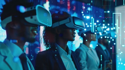 A photo of a diverse team of business professionals engaged in a virtual reality training session, The setting includes VR headsets, digital interfaces