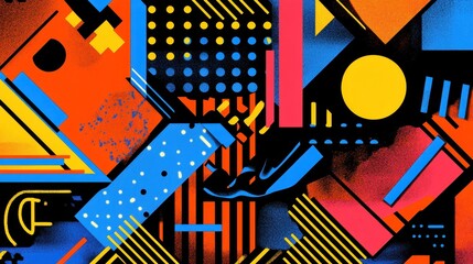 A vibrant abstract composition featuring geometric shapes, patterns, and bold colors.