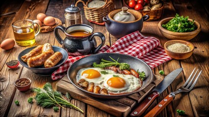 Vintage Style Cooking Scene with Fried Eggs and Sausages, Rustic Kitchen Vibes, Breakfast Aesthetic, Retro Cookware, Nostalgic Food Photography, Yummy Breakfast Dish Ideas