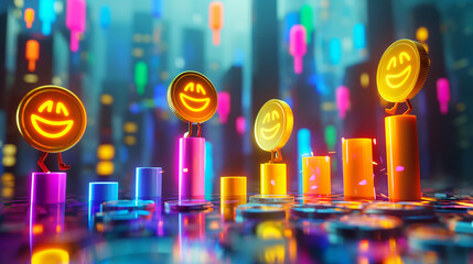 A group of smiling gold coins jumping up a bar graph