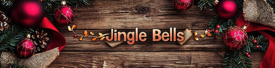 Fototapeta premium Festive holiday banner featuring a blend of wood textures, burlap elements, and ruby red ribbons, decorated with simple farmhouse ornaments