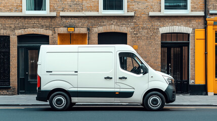 Side view of a white cargo van parked on a street in front of a brick building facade