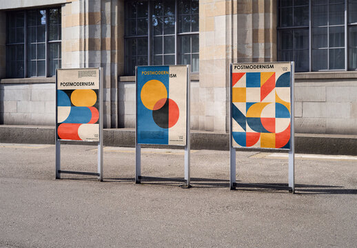 Mockup Of Three Vertical Customizable Freestanding Posters