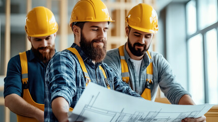 Group of construction workers in yellow helmets reviewing architectural blueprints at a construction site. The workers are wearing safety gear, focusing intently on the plans.