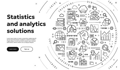 Obraz premium Vector conceptual illustration related to statistics, data analytics, infographic. Line doodle banner or background for website or mobile app