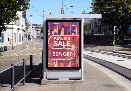 Mockup Of Vertical Customizable Sign On Bus Stop