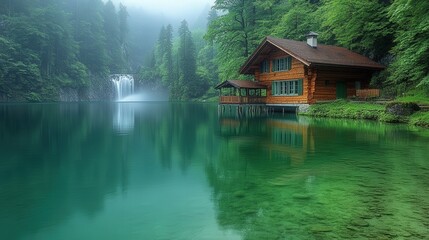 Obraz premium A serene lakeside cabin surrounded by lush greenery and a cascading waterfall.