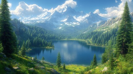 A serene mountain landscape featuring a lake surrounded by lush forests and towering peaks.