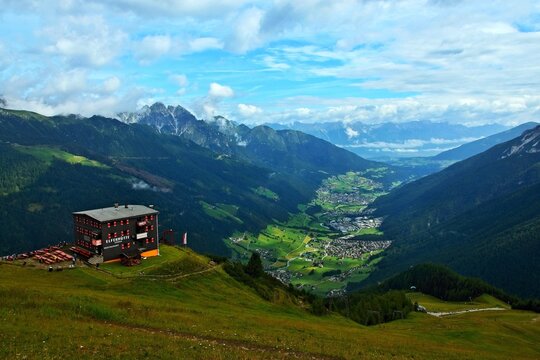 Austrian Alps - view of the Elferh&uuml;tte and the Stubai Valley below the Elfer peak in Stubai Alps