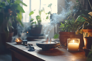Burning incense fills the air with fragrant smoke, highlighting a serene space adorned with green plants and soft candlelight, perfect for meditation and spiritual practices. Generative AI