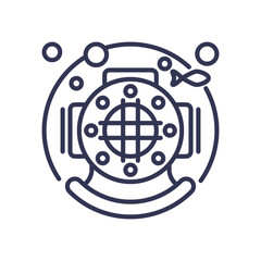 Diving helmet with bubbles and fish, symbolizing underwater exploration.