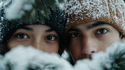 Close-Up of Two People in Snowy Outdoor Setting with Evergreen Background