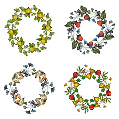 Circle frame with Ginkgo and Physalis. Hand drawn round line border, leaves and flowers, wedding invitation and cards, logo design and posters template. Elegant minimal style floral.