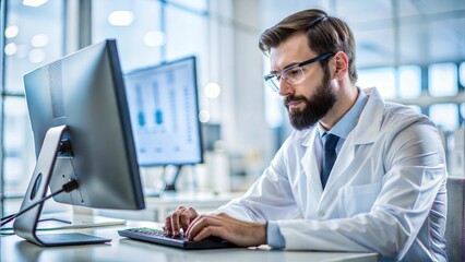 Fototapeta premium Professional male researcher analyzing data in a modern laboratory setting during the daytime