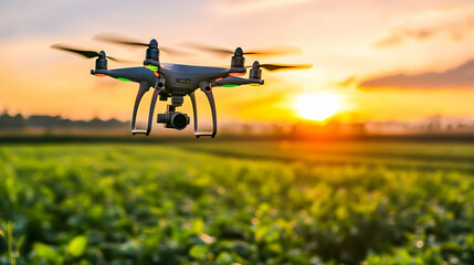 A drone hovers over a green field during sunset, capturing aerial images for agricultural monitoring or surveying.